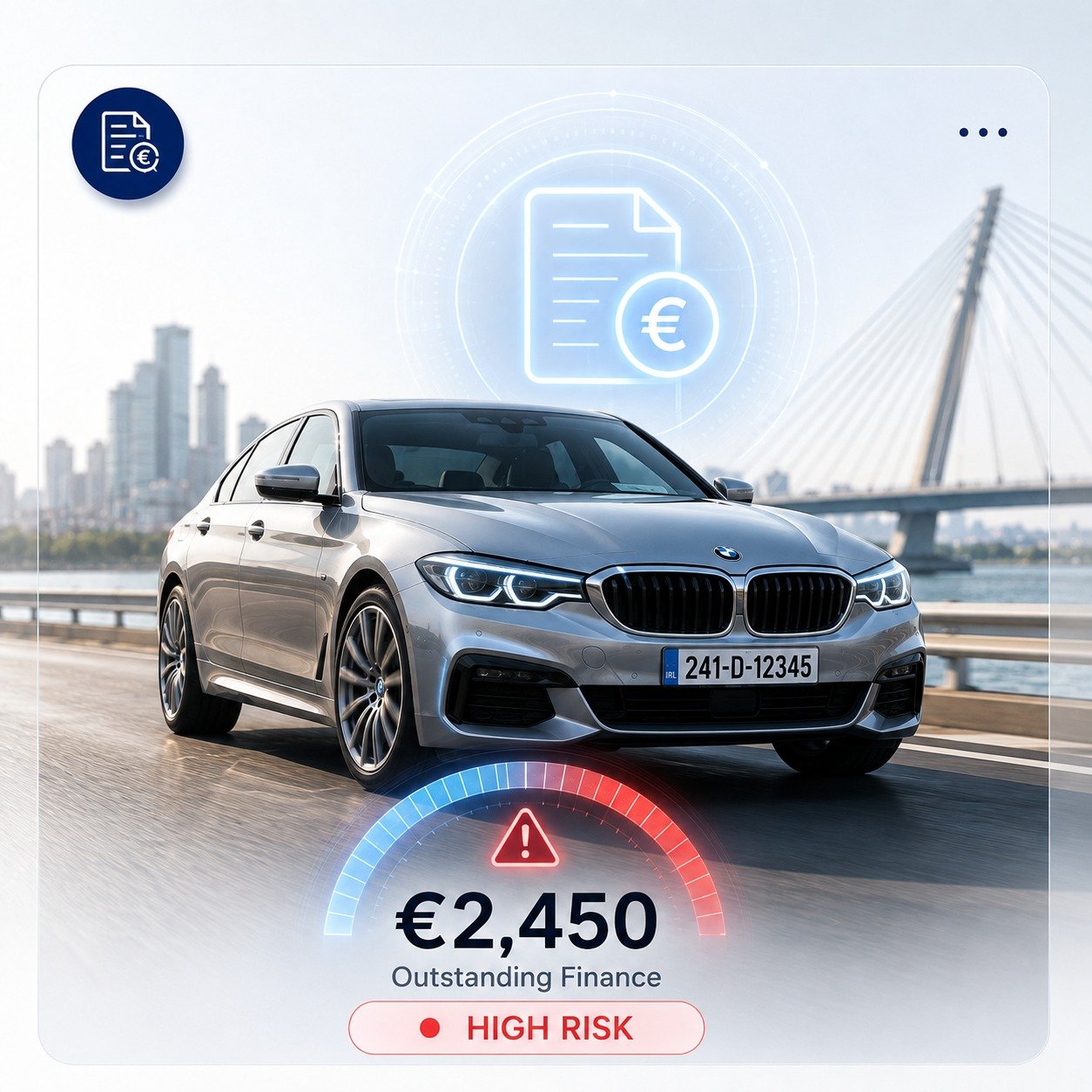 Vehicle history report flagging €2,450 of outstanding finance as high risk