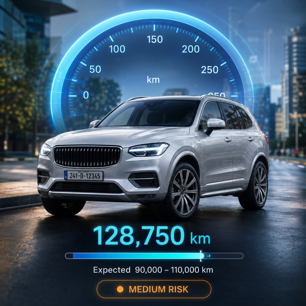 Vehicle history report flagging a mileage reading above the expected range as medium risk